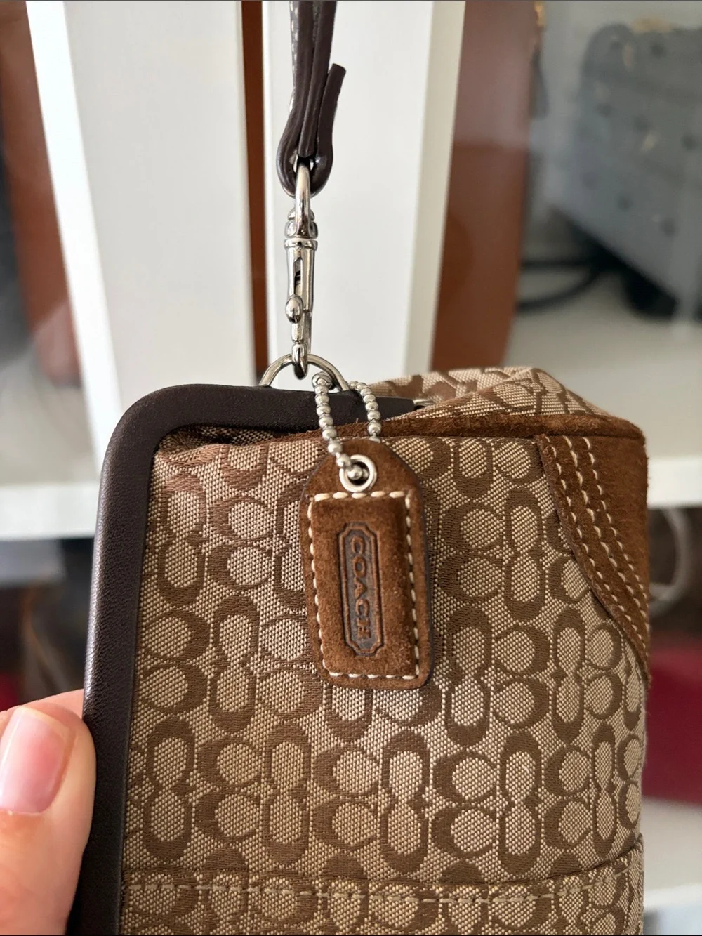 Y2K Coach Soho Brown Signature Canvas Kisslock Wristlet with Suede Trim